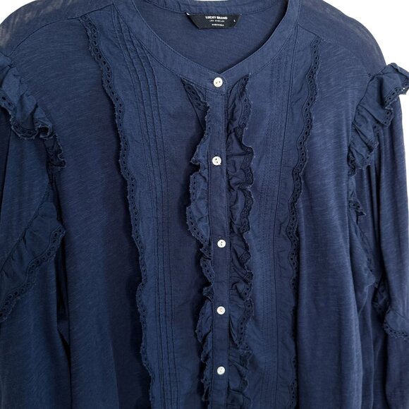 Lucky Brand Navy Long Sleeve Ruffle Button Down, L - Picture 5 of 11